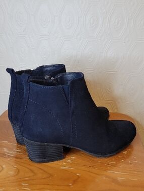 Aqua College Suede Navy Ankle Leather Booties with Low Block Heel
